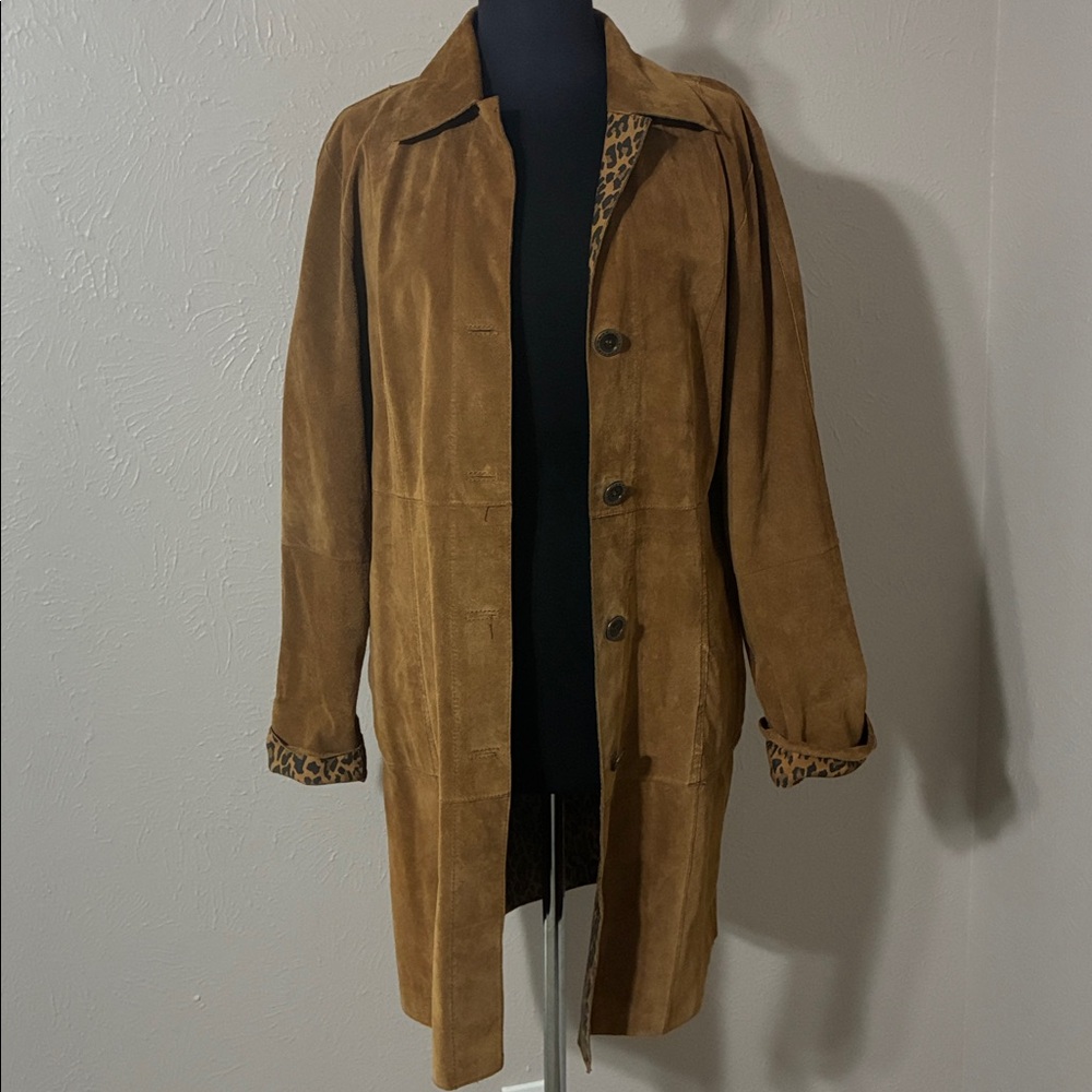 Leopard/tan suede reversible long coat